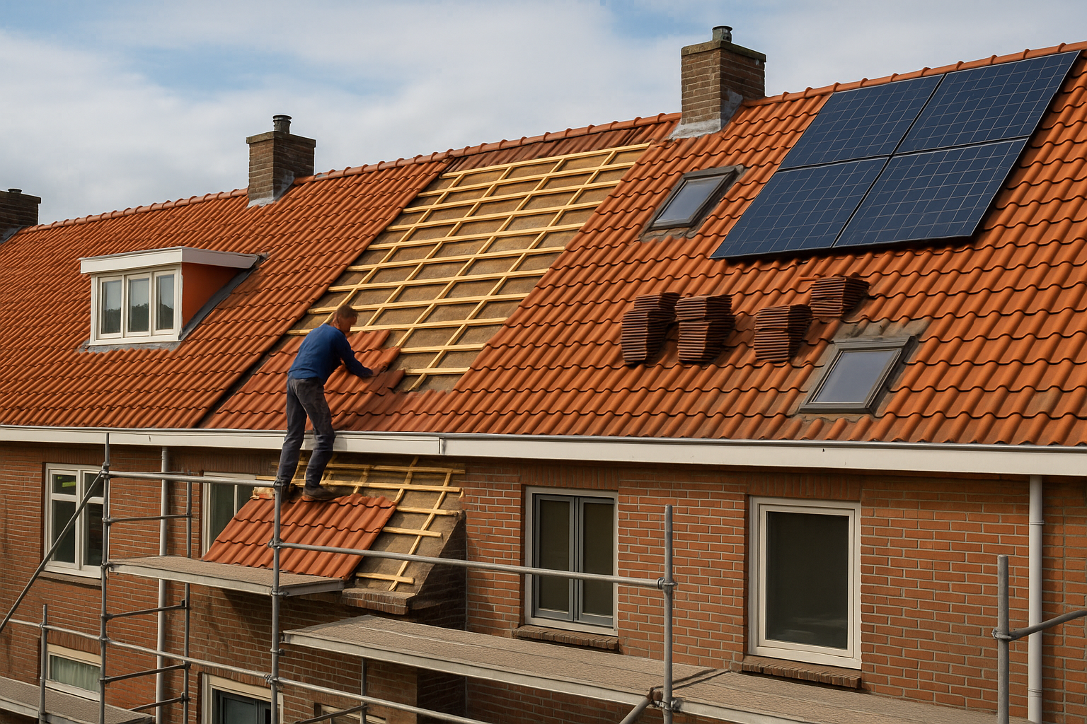Dakdekker inspecteert een pannendak om kwaliteit, veiligheid en onderhoudsstaat te beoordelen